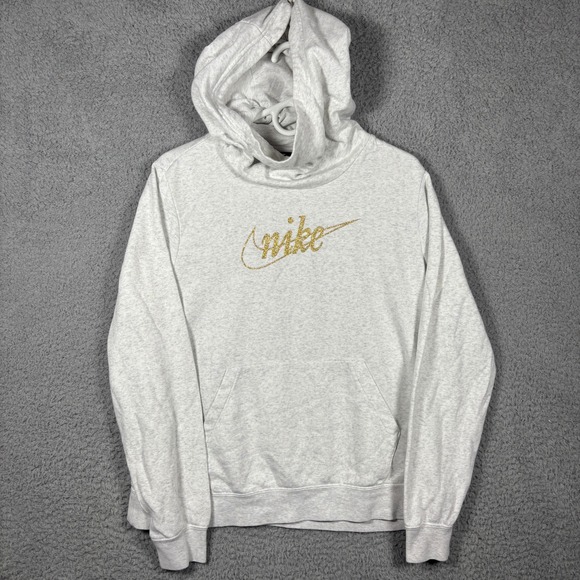 Nike Tops - Nike Hoodie Womens L Grey Gold Glitter Logo Pullover Sportswear Fleece Pocket